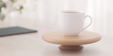 A Moment of Calm: A simple white mug of coffee rests on a wooden coaster, creating a serene and minimalist scene perfect for a moment of relaxation and reflection. 