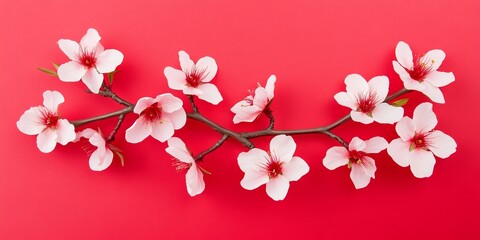 Cherry Blossom Branch on Red: Delicate white cherry blossom branch with pink centers arranged in a graceful curve on a vibrant red background, conveying a sense of springtime and new beginnings.  