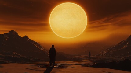 Two figures journey across an alien landscape under a colossal, glowing sun. The sky is filled with hues of orange and gold, creating a sense of vast possibility.