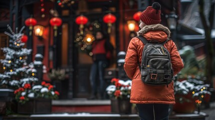 A person in a bright orange winter jacket stands outside a festively decorated restaurant, with snow and red lanterns around, capturing the essence of winter travel fun.