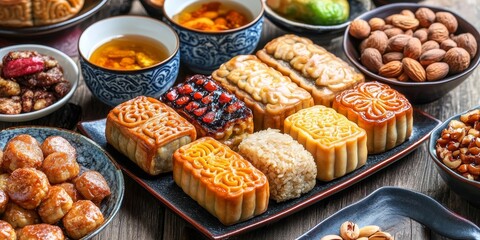 Fototapeta premium Mid-Autumn Festival Mooncakes: A delectable spread of traditional mooncakes, nuts, and tea for the Mid-Autumn Festival. A feast for the eyes and a celebration of culture. 