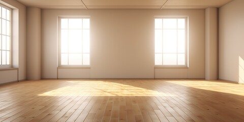Fototapeta premium Empty sun light room with big window and wooden floor. Architecture indoor decorative mock up scene