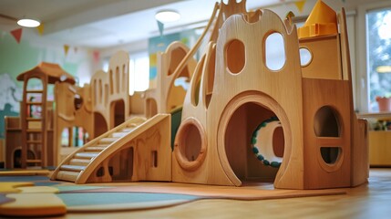 Modern wooden playground equipment inspiring imaginative play in kindergarten