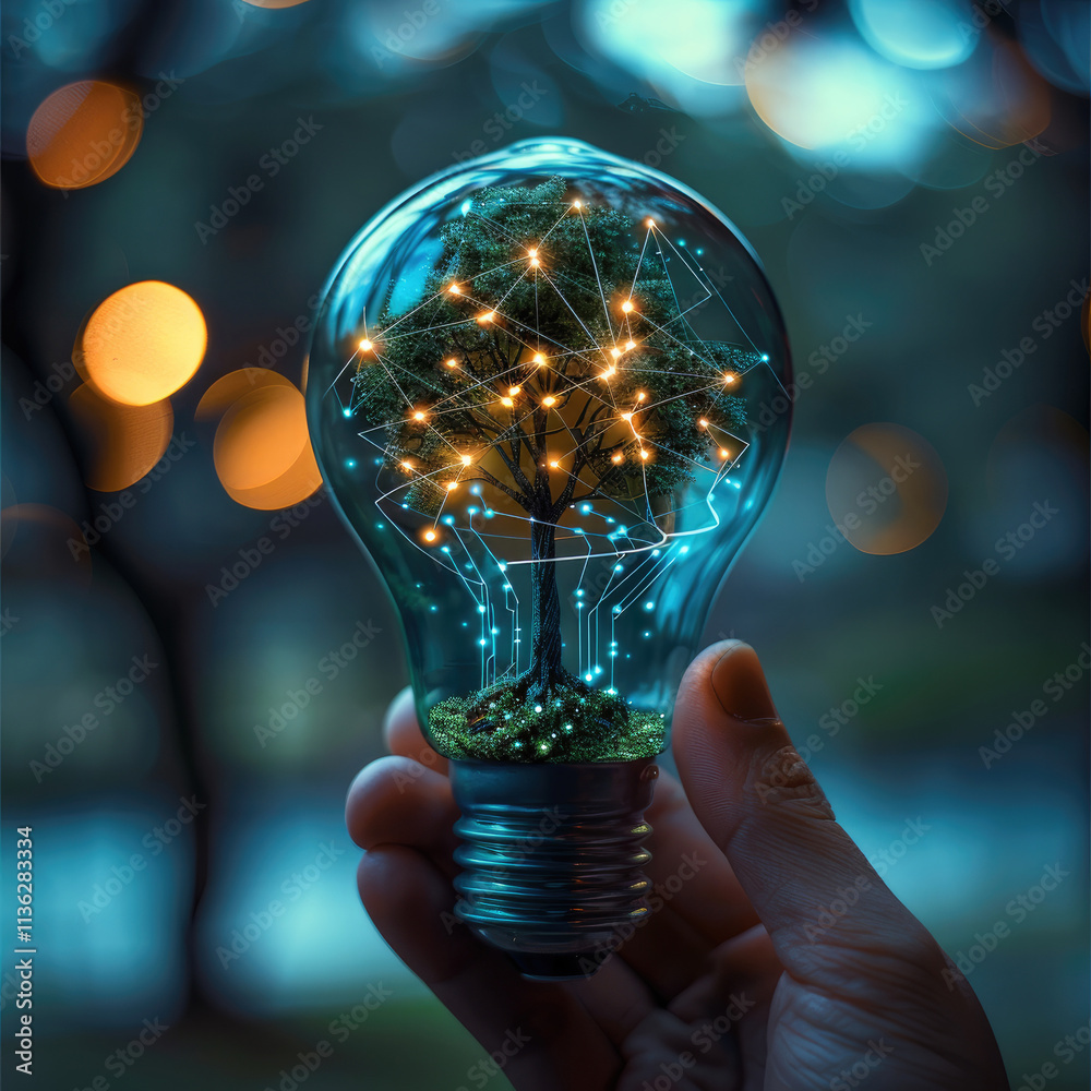 Poster A led bulb into a palm with a tree growing inside the bulb, conserving energy made with electrical network lines in blue color, futuristic color theme, landscape circuit board visuals.