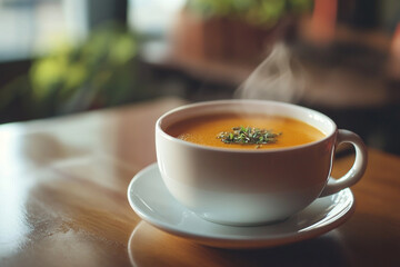 Fototapeta premium Warm bowl of steaming soup garnished with herbs on wooden table in cozy cafe