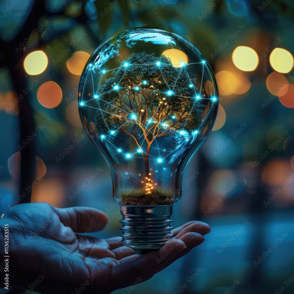 Poster a led bulb into a palm with a tree growing inside the bulb, conserving energy made with electrical n