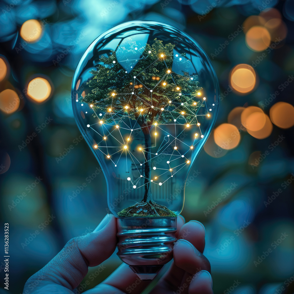 Poster A led bulb into a palm with a tree growing inside the bulb, conserving energy made with electrical network lines in blue color, futuristic color theme, landscape circuit board visuals.