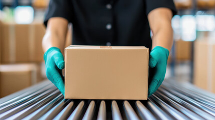 Worker in gloves handling cardboard box on conveyor belt in warehouse