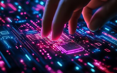 Futuristic AI circuit board symbol on businessman s hand, finger touching electronic PCB icon, bathed in neon cyberpunk lighting and cyberspace atmosphere