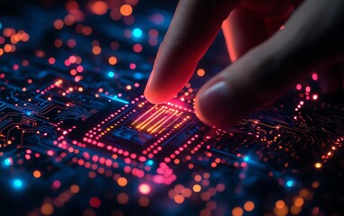 Futuristic AI circuit board symbol on businessman s hand, finger touching electronic PCB icon, bathed in neon cyberpunk lighting and cyberspace atmosphere
