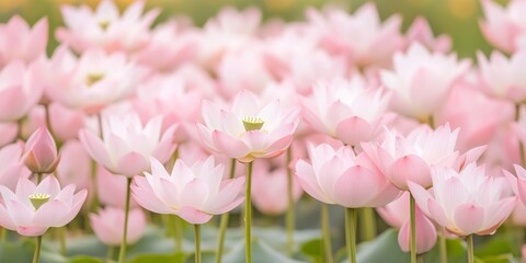 Obraz premium Pink Lotus Field: A tranquil scene of delicate pink lotus flowers blooming in a serene pond, bathed in soft, natural light. The image evokes a sense of peace and tranquility.