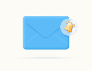 Closed blue envelope with speech bubble and yellow bell. New message notification. Receiving an email. Reminder or subscription to a newsletter. Vector cartoon 3d illustration.