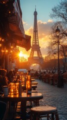 Charming Parisian Café Scene with Sunset at Golden Hour