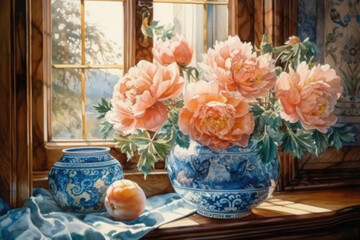 peonies in a vase on the window., watercolor style,  