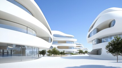 A modern architectural scene featuring sleek, white buildings with curved designs, surrounded by greenery under a clear blue sky.