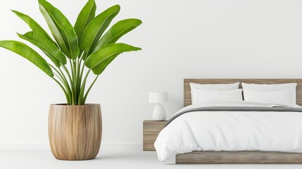 A modern bedroom featuring a stylish wooden bed, white linens, a bedside lamp, and a large potted plant, creating a serene and inviting atmosphere.