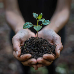 Woman's hands holds small green plant 