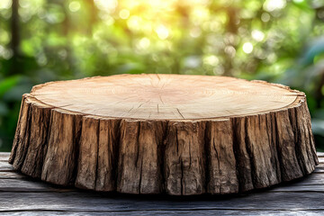 Wooden tree stump on rustic table, blurred green background.