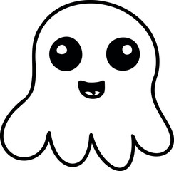 Cartoon ghost with rounded, wavy bottom, large round eyes with reflections, small open mouth, and a single tooth. Friendly and endearing appearance in black and white.
