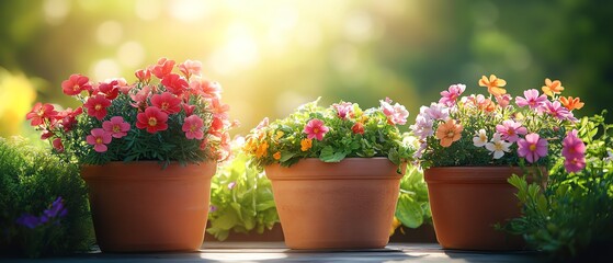 Obraz premium Sunny spring or summer garden with flowerpots, lush greenery, blooming flowers, and vibrant colors, peaceful and bright gardening scene