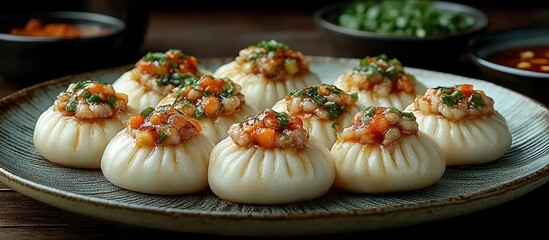 Steamed buns filled with savory meat and vegetable topping on a plate.