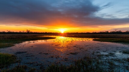 Fototapeta premium A vibrant sunset over a serene wetland, reflecting golden hues on the water, surrounded by lush greenery and dramatic clouds.