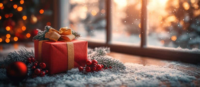 Red gift box with gold ribbon sits on snowy windowsill, winter scene.