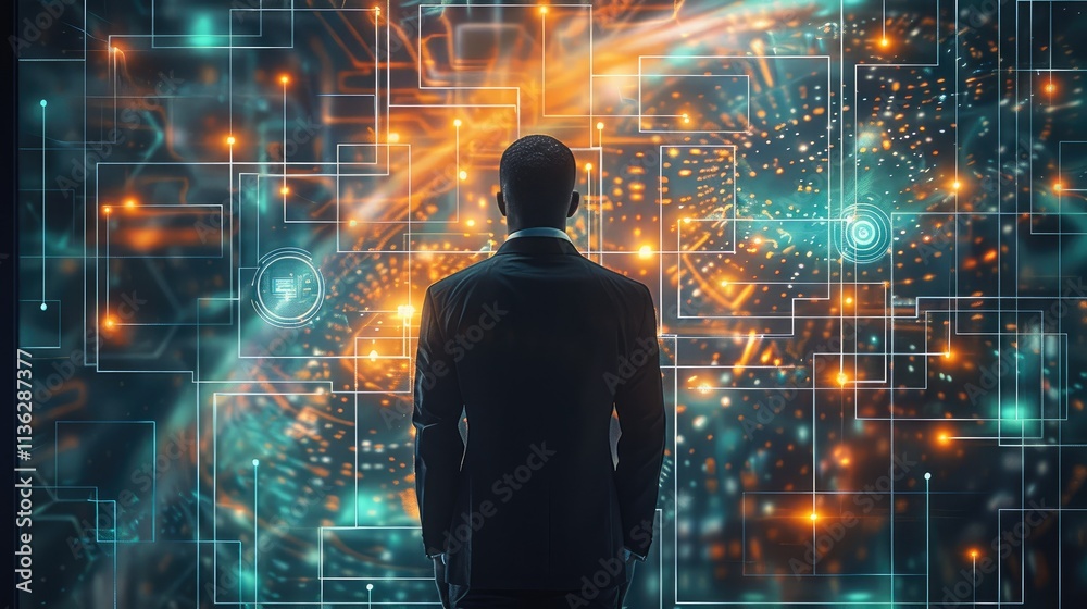 Poster A man in a business suite from the backside staring into a wall on a screen that is a composite of connected circles and squares in blue, green and orange colors with a technical.