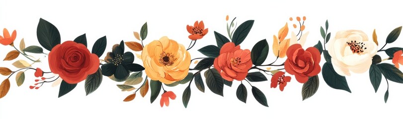 A vibrant floral border featuring roses in shades of red, yellow, and cream, accented by leaves and smaller blossoms.