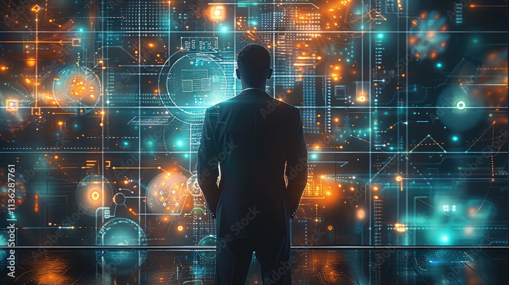 Poster A man in a business suite from the backside staring into a wall on a screen that is a composite of connected circles and squares in blue, green and orange colors with a technical.