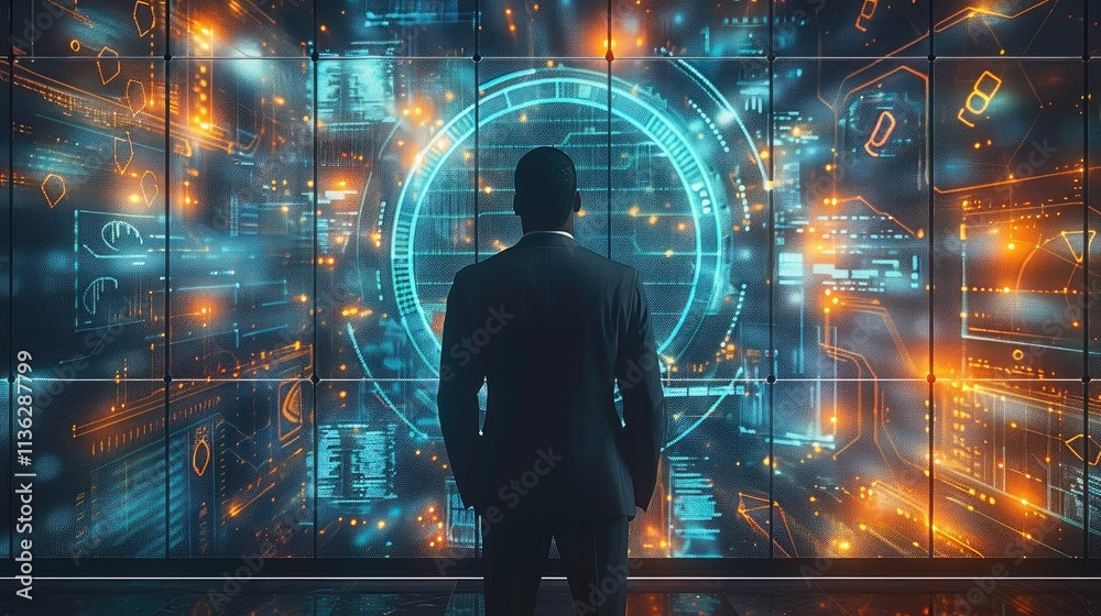 Poster A man in a business suite from the backside staring into a wall on a screen that is a composite of connected circles and squares in blue, green and orange colors with a technical.