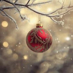 Elegant Red Christmas Ornament Hanging on Frosty Tree Branch Outdoors