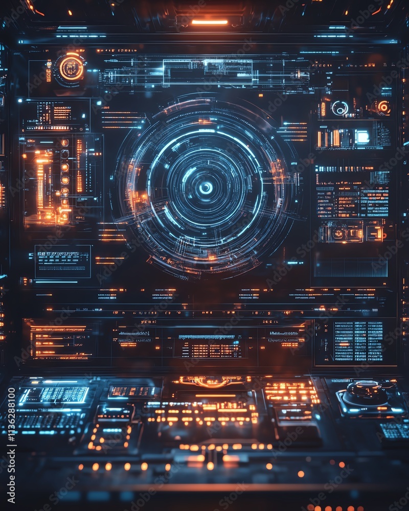 Poster advanced tech interface showcasing secure network, encrypted data streams, holographic design elemen