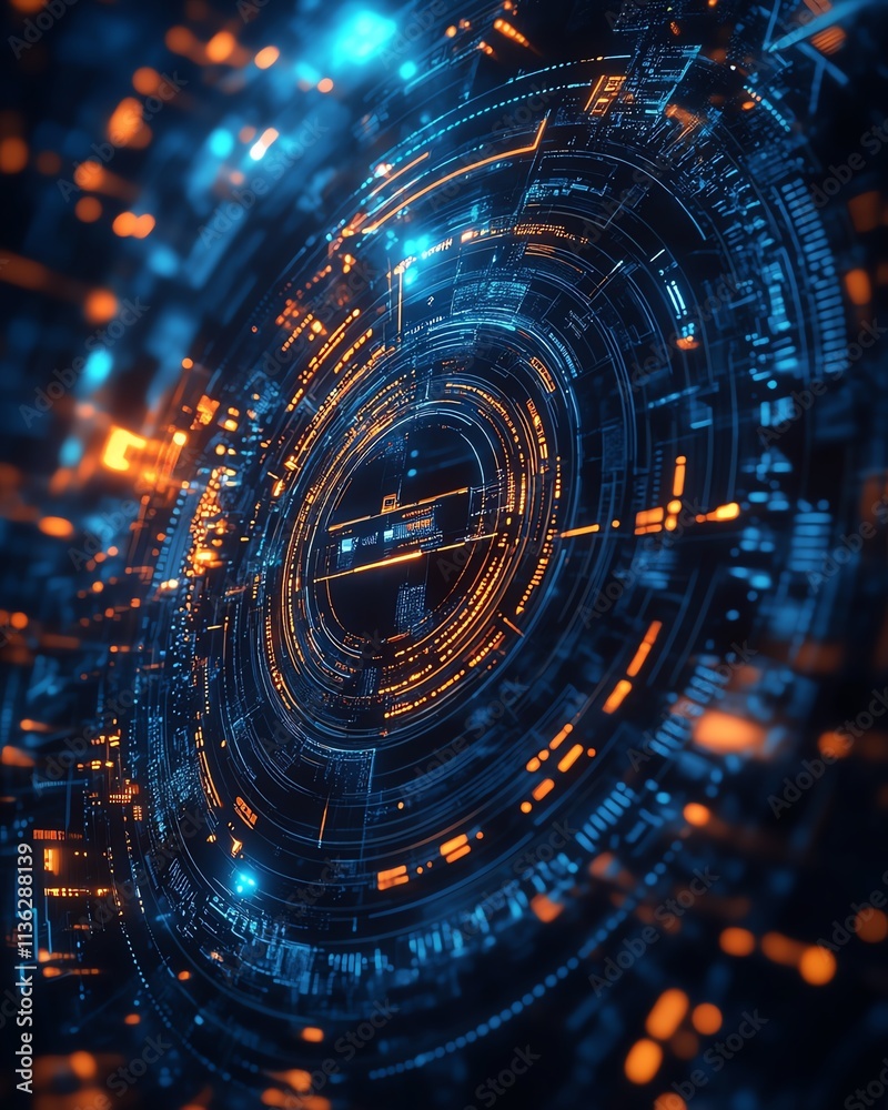 Poster advanced tech interface showcasing secure network, encrypted data streams, holographic design elemen