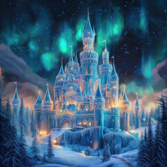 Mystical castle surrounded by shimmering aurora and snowy forest landscape