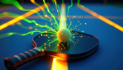 Close Up of Pickleball Paddle Hitting a Ball with Futuristic Energy Trails