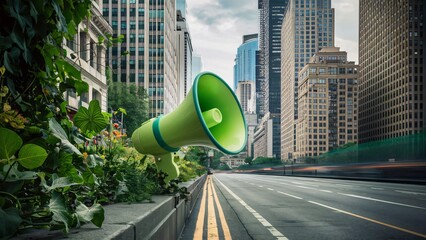 Green Megaphone Announcement in Urban Cityscape, Eco-Friendly Sustainability Message