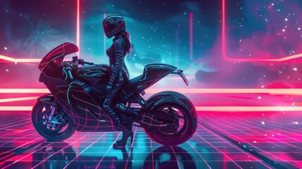 Neon Racer: A futuristic motorcyclist poses in a neon-lit world, embodying speed and style.