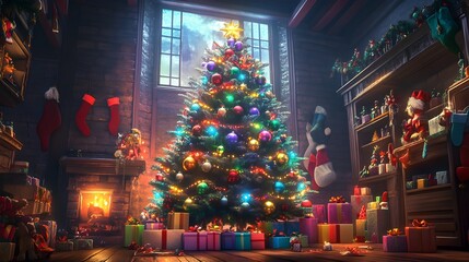 Obraz premium Christmas Magic: A cozy room bathed in the warm glow of a fireplace, adorned with a beautifully decorated Christmas tree. The air is filled with the magic of the season.