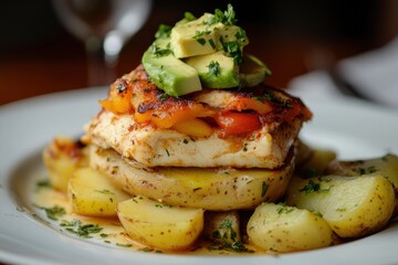 A delicious plate featuring grilled fish, avocado, and potatoes, garnished with herbs.