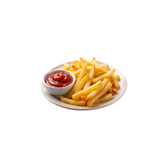 A plate of food with French fries and tomato ketchup isolated on transparent background