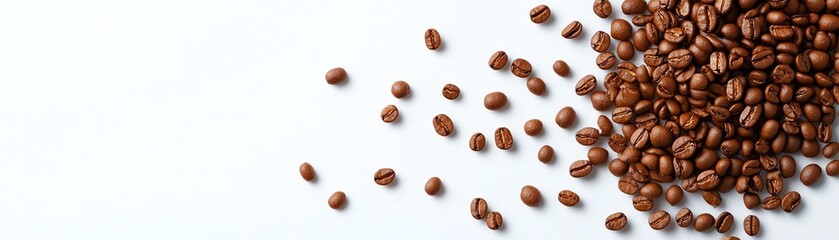 Coffee beans from above, scattered across a white background, highquality detailed shot, rich brown tones and natural textures
