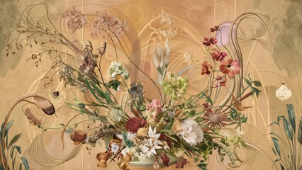 Abstract Floral Arrangement, Art Nouveau Style Botanical Illustration