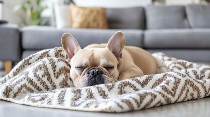 French bulldog on patterned blanket in modern living room
