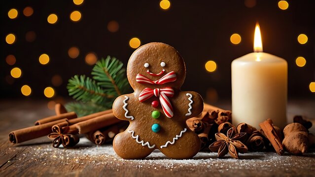 Christmas background with hot wine punch cookies and smiling ginger bread man