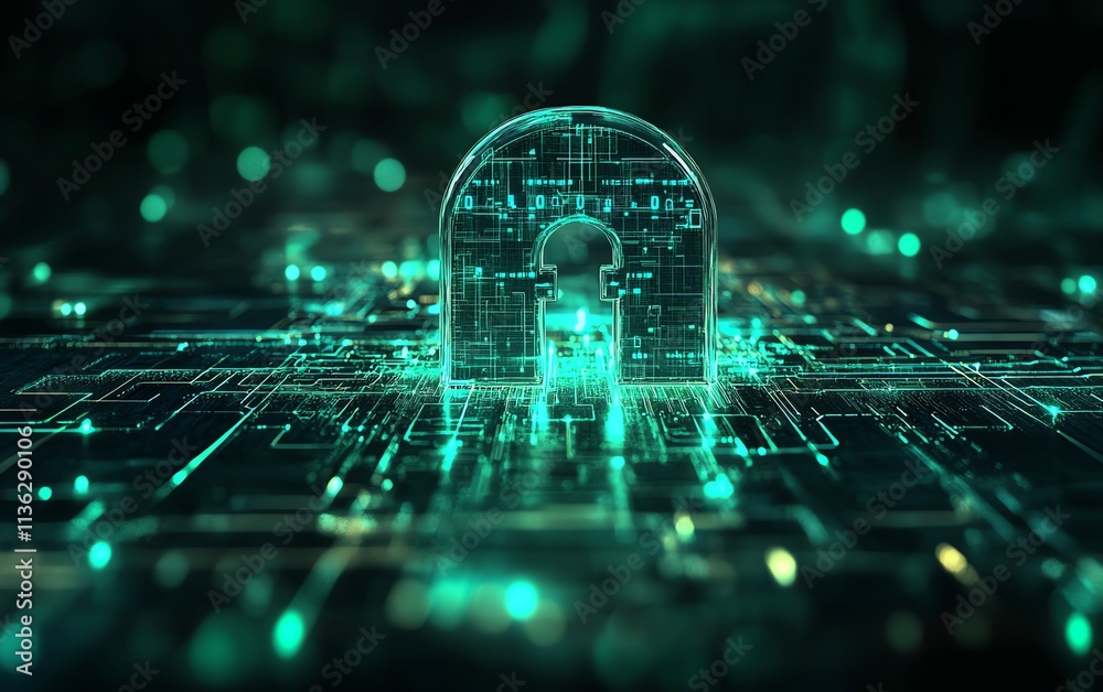 Poster digital interface showcasing a secure network, advanced tech protocols with glowing encryption, futu