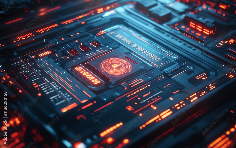 Poster digital interface showcasing a secure network, advanced tech protocols with glowing encryption, futu
