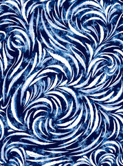 A detailed design showcases swirling frost patterns resembling snowflakes and icy shapes. The artwork features a rich blue background, capturing the essence of winter. Seamless Pattern