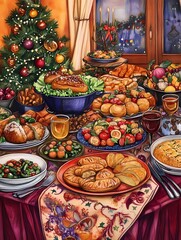 Fototapeta premium Christmas Dinner Oil Painting 