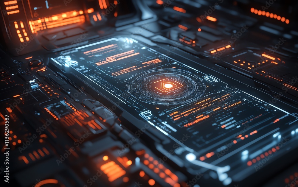 Poster futuristic digital interface with secure network protocols, hightech encryption symbols, glowing lin